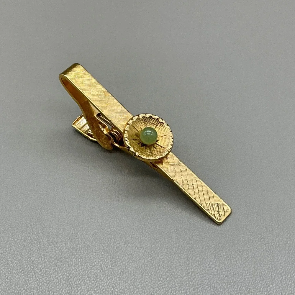 Vintage Tie Clip Gold Tone Genuine Green Jade Cabochon Men's Necktie Bar